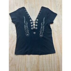 Biker Design Black Chain Link Flame Rhinestone V-Neck Top Womens‎ Large L